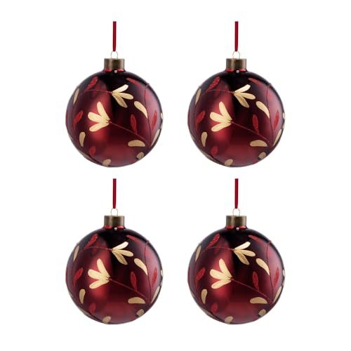 AEELLEEA 4.7" Burgundy Glass Christmas Ball Ornaments Set of 4, Gold Leaf Painted Hanging Baubles for Christmas Tree Holiday Home Party Decor