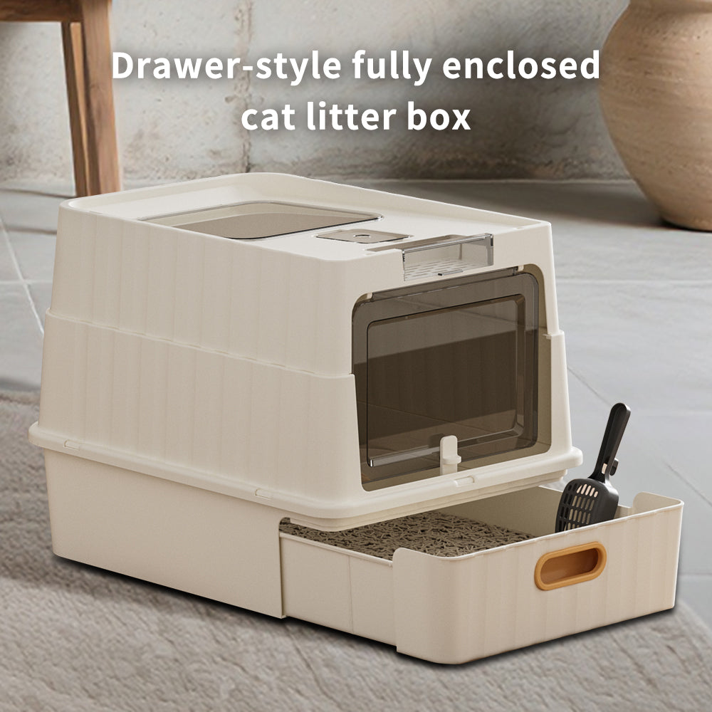 Convertible Enclosed Cat Litter Box with Pull-Out Drawer, Front Door, Top Vent Panel & Litter Scoop, White, 19.69" x 13.78" x 13.78"