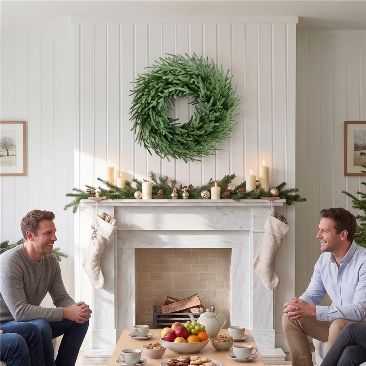 AEELLEEA-26 Inch Artificial Christmas Wreath, Green Pine Wreath with Natural Vine Base for Front Door, Wall & Holiday Decor