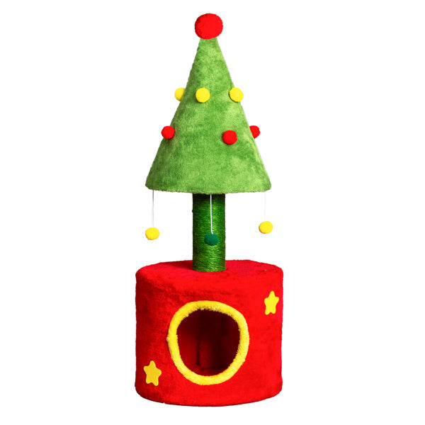 30 Inch Cat Scratching Post with Cat House, Small Cat Tree Tower with Sisal Scratching Post and Hanging Plush Balls, Indoor Kitten Cat Tree with Cozy Nest, Red & Green