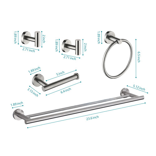AEELLEEA 6-Piece Brushed Stainless Steel Bathroom Hardware Set, Wall Mount Towel Bar, Towel Ring, Toilet Paper Holder & Robe Hooks