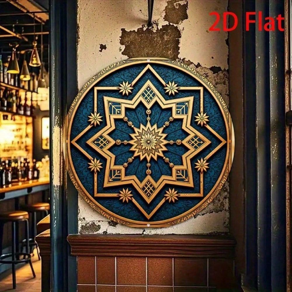 AEELLEEA-Blue Star Geometric Round Aluminum Tin Sign, 7.88 Inch 2D Flat Printed Islamic Style Wall Plaque, Waterproof Metal Art Decor