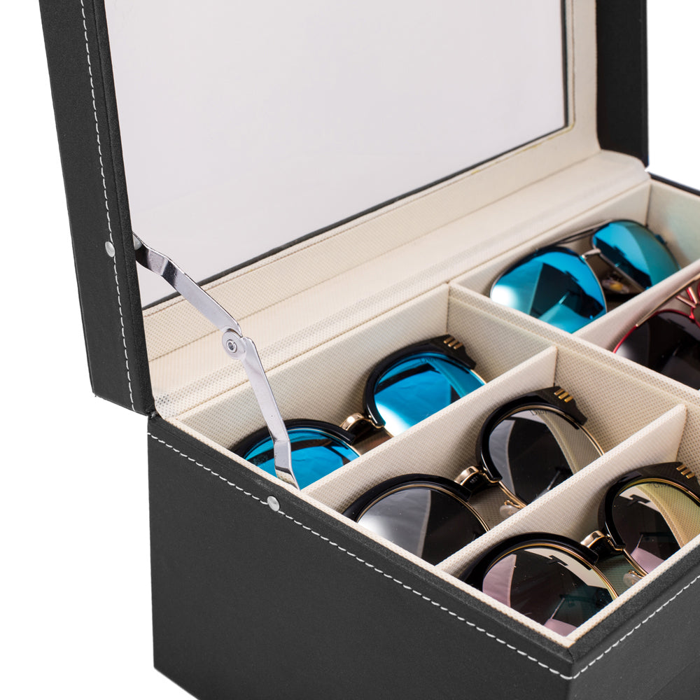 AEELLEEA-12 Piece Eyeglasses & Sunglasses Storage Organizer, Black Leather Display Drawer Case, Lockable Design, Collect & Display Multiple Glasses for Home, Shop Eyewear Collection