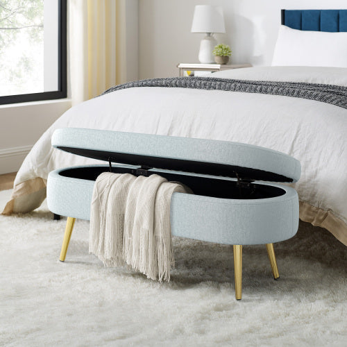 AEELLEEA 43 Inch Oval Storage Ottoman Bench, Light Blue Textured Fabric Bench with Gold Metal Legs for Bedroom Entryway