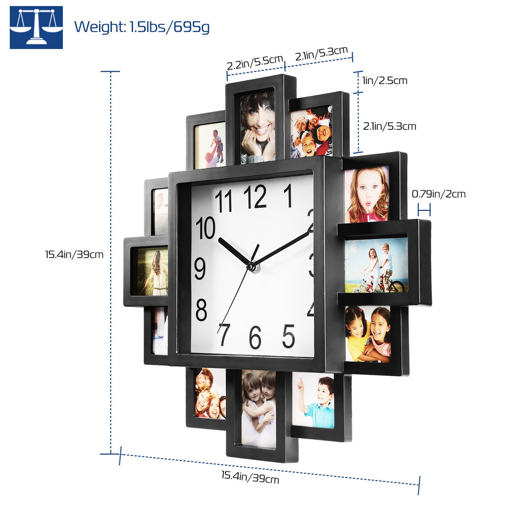 Photo Frame Wall Clock, 12 Photo Collage Frame Silent Quartz Wall Clock for Home Decor, Family Memory Picture Clock Gift