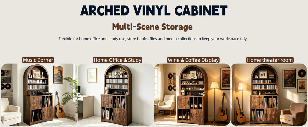 AEELLEEA Arched Vinyl Record Storage Cabinet, Tall Mid-Century Turntable Stand with Doors, Holds 400 LPs, Media Shelf for Living Room
