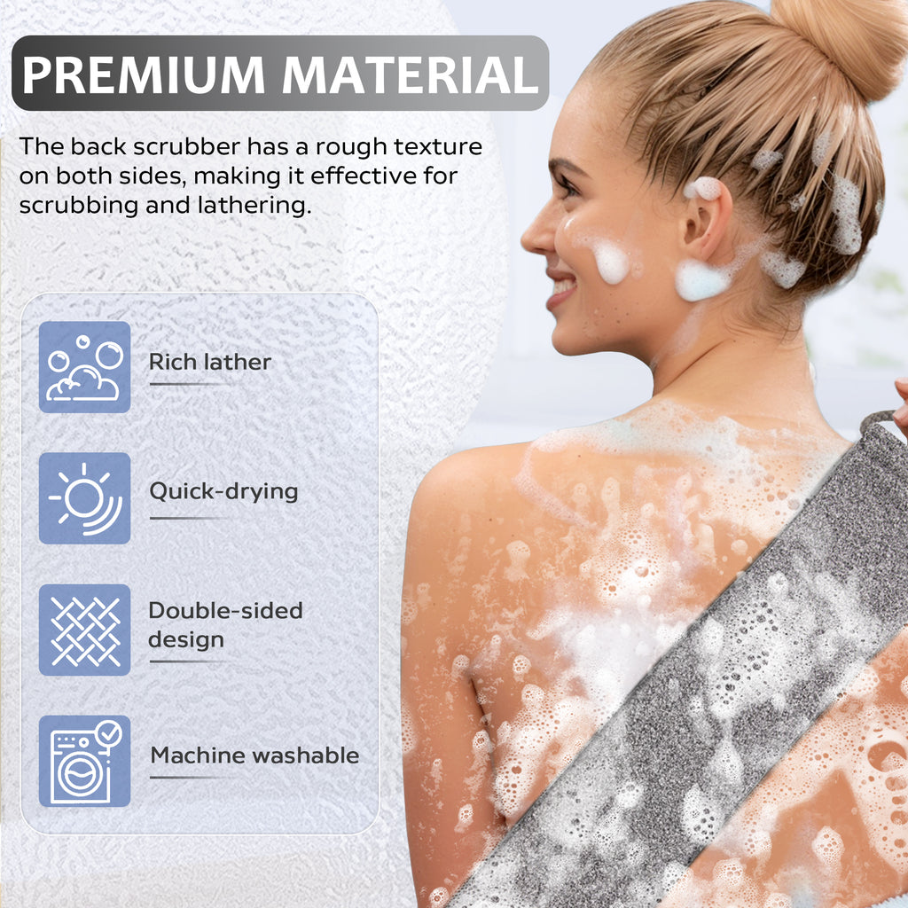 Dual Sided Back Scrubber Towel with Hanging Loops, Long Exfoliating Body Wash Strap for Shower Deep Skin Cleansing