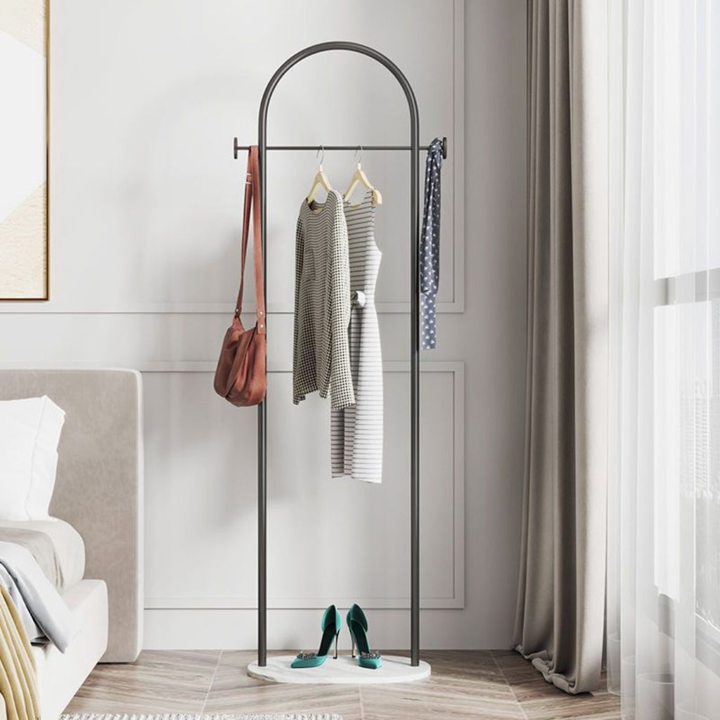 AEELLEEA-Freestanding Metal Coat Rack with Bottom Storage Shelf & Side Hooks, Modern Garment Organizer