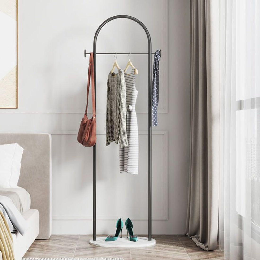 AEELLEEA-Freestanding Metal Coat Rack with Bottom Storage Shelf & Side Hooks, Modern Garment Organizer