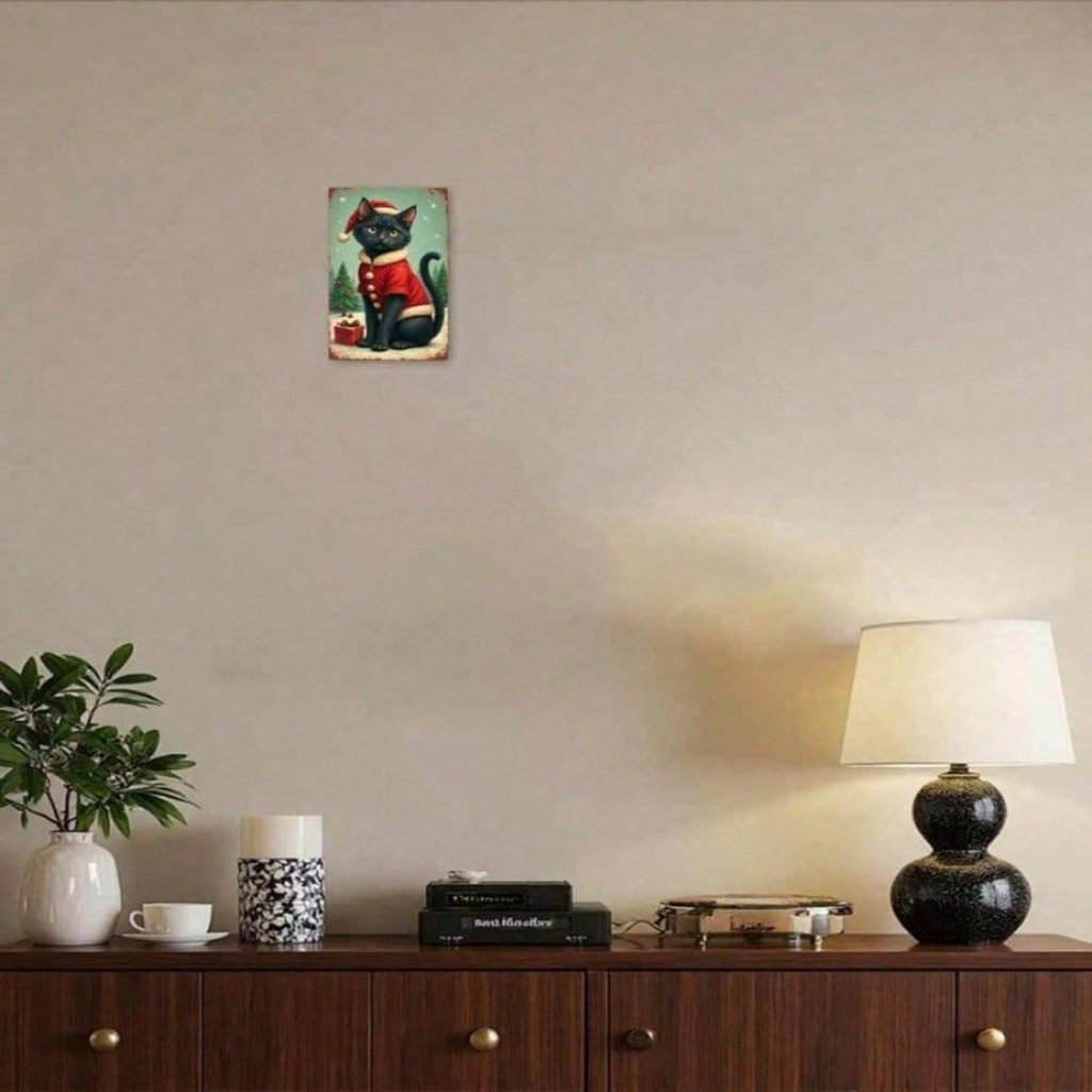 AEELLEEA-Vintage Christmas Black Cat Metal Tin Sign, 11.81x7.87 Inch Retro Wall Plaque with Santa Hat Cat, Snowflake