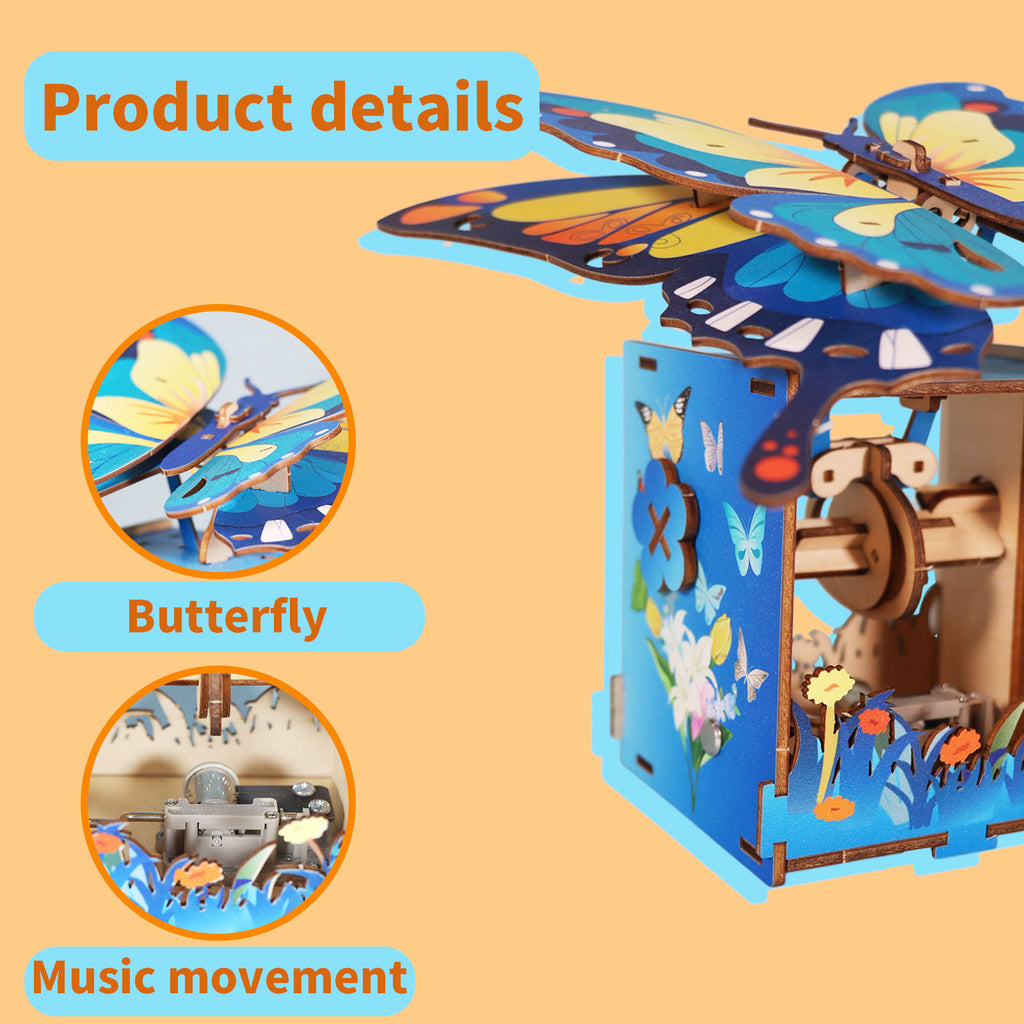Wooden Butterfly Music Box 3D Puzzle, Hand Crank DIY Assembly Mechanical Music Kit, Gift for Teens 14+
