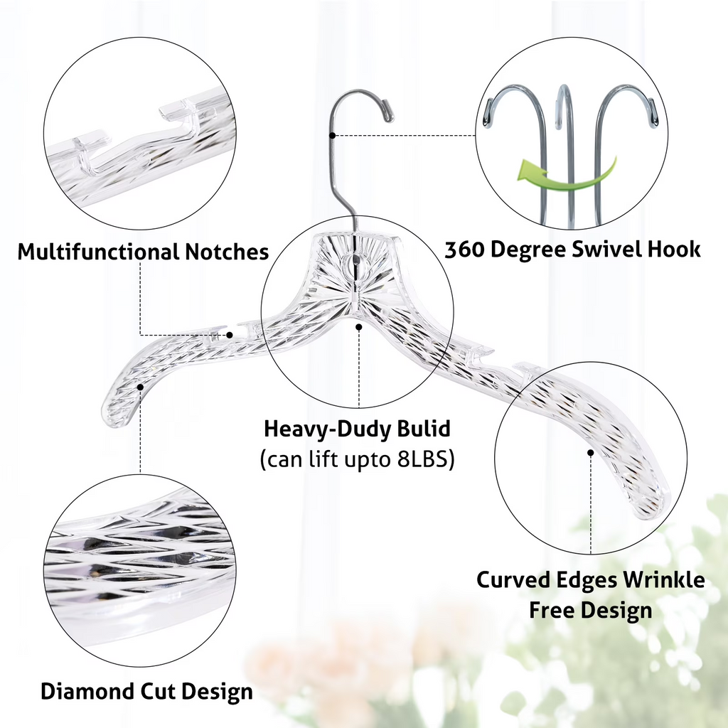 AEELLEEA Crystal Clear Plastic Clothes Hangers 20 Pack, Diamond Cut Garment Hangers with 360° Swivel Metal Hook, Heavy Duty Non Slip Notches for Closet Dress Shirt Coat Storage