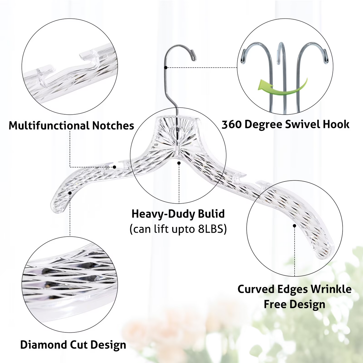AEELLEEA Crystal Clear Plastic Clothes Hangers 20 Pack, Diamond Cut Garment Hangers with 360° Swivel Metal Hook, Heavy Duty Non Slip Notches for Closet Dress Shirt Coat Storage