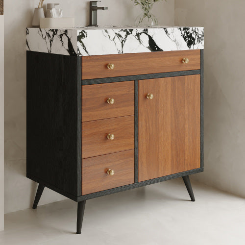 Bathroom Vanity with Sink, Black and Walnut Freestanding Bathroom Cabinet with 4 Drawers, Marble Top Modern Vanity