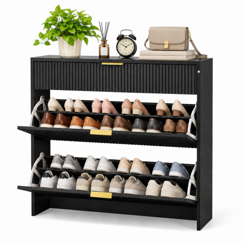 AEELLEEA Narrow Fluted Entryway Shoe Storage Cabinet, Freestanding Flip Drawer Shoe Rack with Gold Handles for Hallway Bedroom