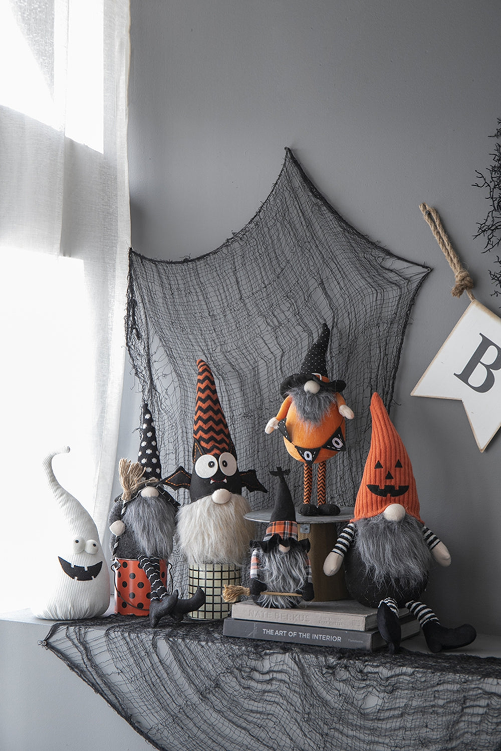 Halloween Gnome Decor, 23.5 Inch Fabric Sitting Plush Gnome with Orange Pumpkin Knit Hat, Black Striped Legs Farmhouse Tabletop Ornament for Holiday Home Party Decoration