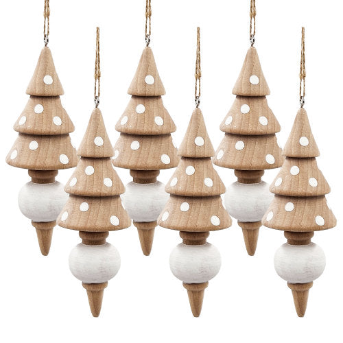 Wooden Christmas Ornaments 6 Pack, Tree Shape with White Dot Decor, Hanging Wood Holiday Decor with Jute String