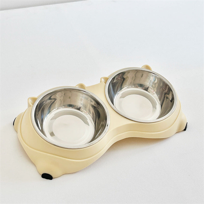 Stainless Steel Double Pet Bowl with Non-Slip Base, 15° Ergonomic Tilt, Food & Water Bowls for Cats and Small Dogs, White Bear