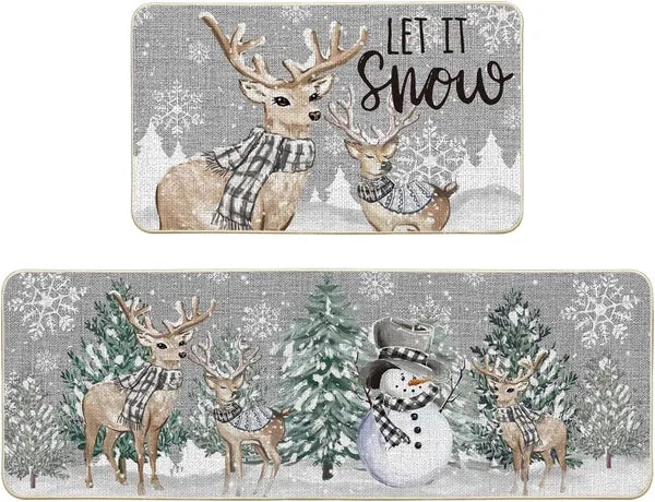 Aeelleea Deer Tree Let It Snow Christmas Kitchen Rug Set of 2, Winter Decor Non Slip Kitchen Mats 17x29in & 17x47in