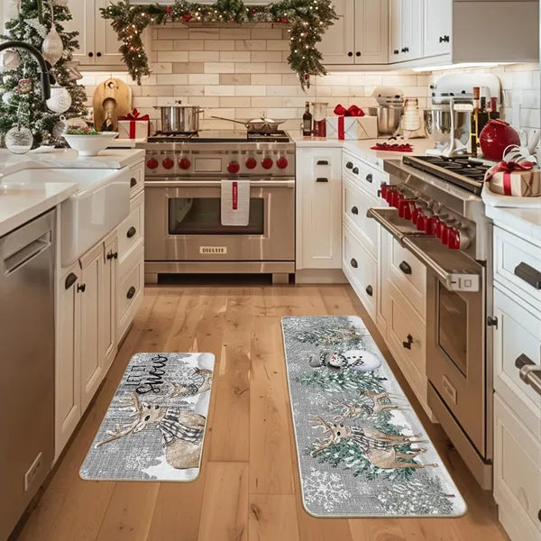 Aeelleea Deer Tree Let It Snow Christmas Kitchen Rug Set of 2, Winter Decor Non Slip Kitchen Mats 17x29in & 17x47in