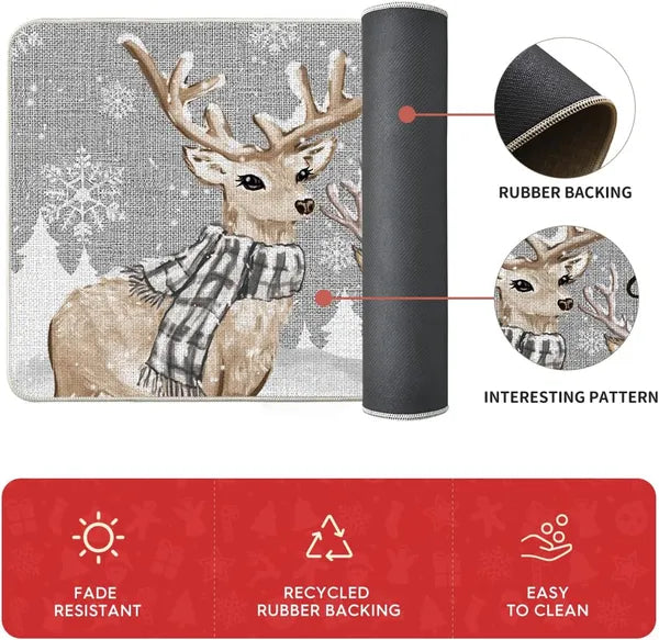 Aeelleea Deer Tree Let It Snow Christmas Kitchen Rug Set of 2, Winter Decor Non Slip Kitchen Mats 17x29in & 17x47in
