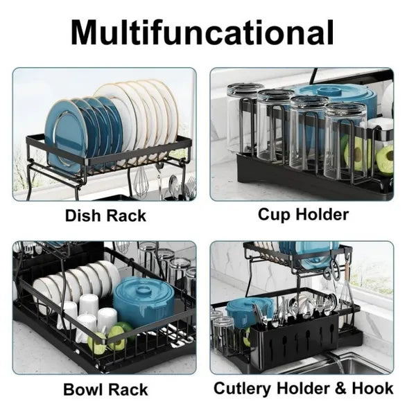 2-Tier Detachable Dish Drying Rack with Drainboard, Rustproof Metal Bowl Plate Drainer for Kitchen Countertop