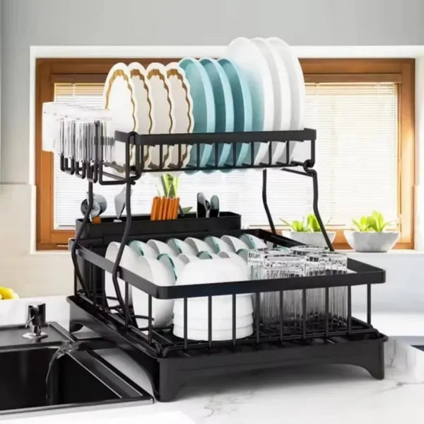 2-Tier Detachable Dish Drying Rack with Drainboard, Rustproof Metal Bowl Plate Drainer for Kitchen Countertop