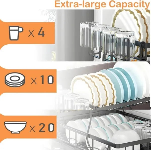 2-Tier Detachable Dish Drying Rack with Drainboard, Rustproof Metal Bowl Plate Drainer for Kitchen Countertop