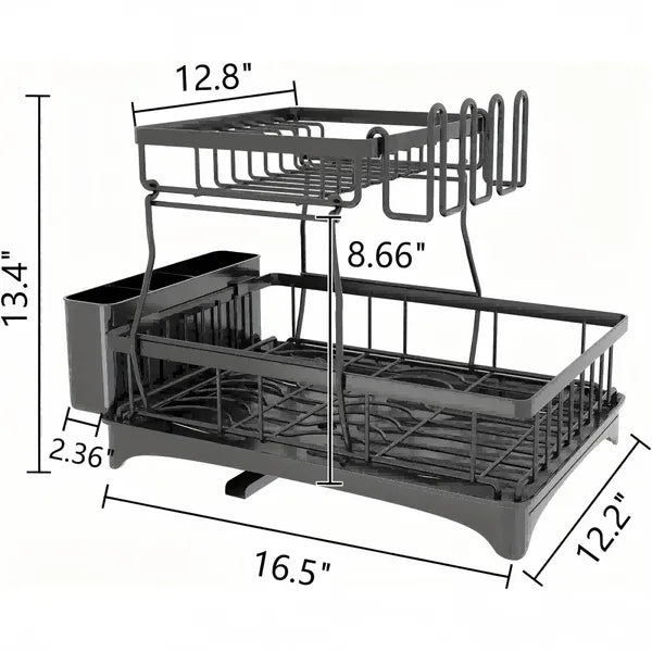 2-Tier Detachable Dish Drying Rack with Drainboard, Rustproof Metal Bowl Plate Drainer for Kitchen Countertop