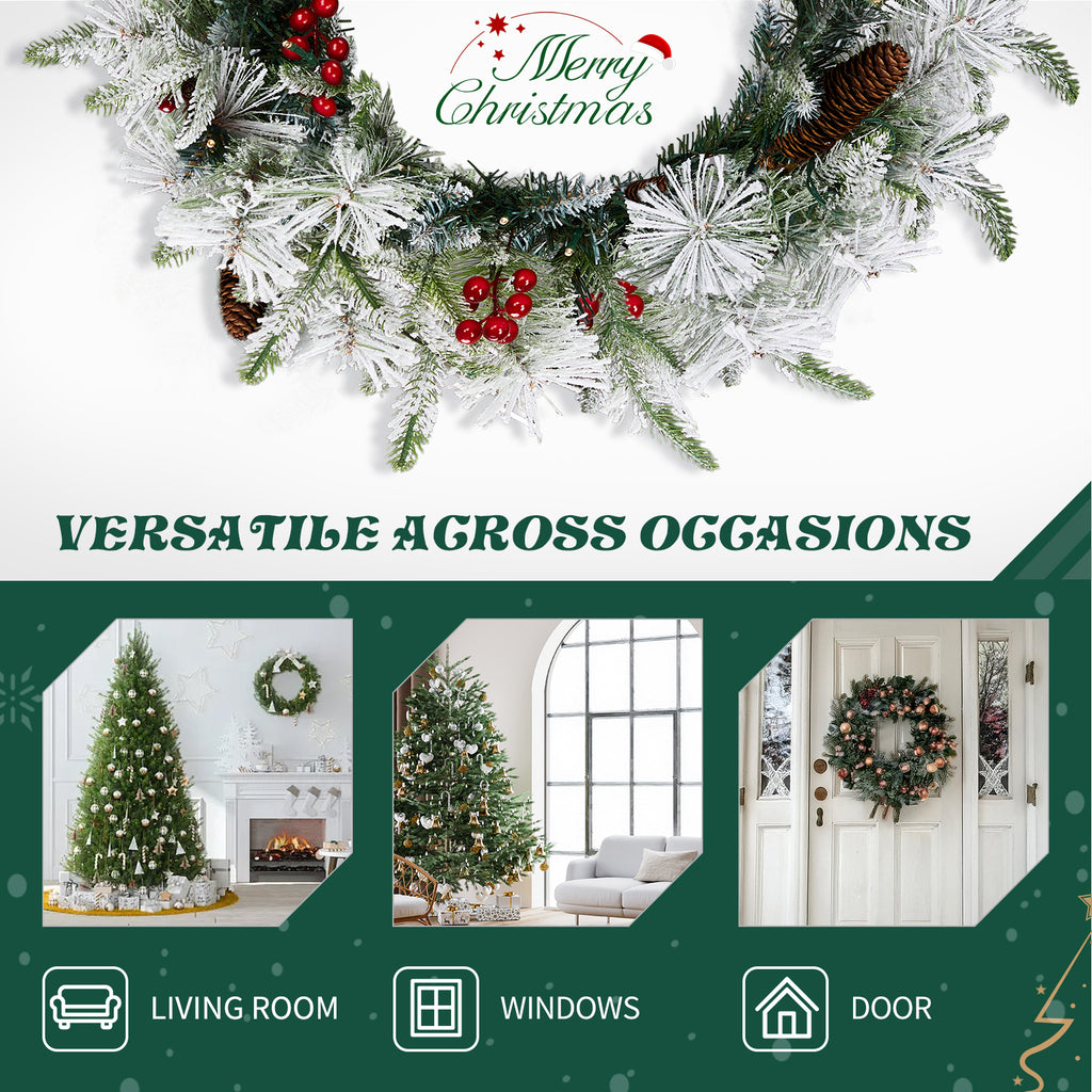 2Pcs 18" Lighted Christmas Wreaths, Snow Flocked PVC PE Wreath with Pinecones Red Berries, 60 Warm White Lights Battery Box 8 Modes