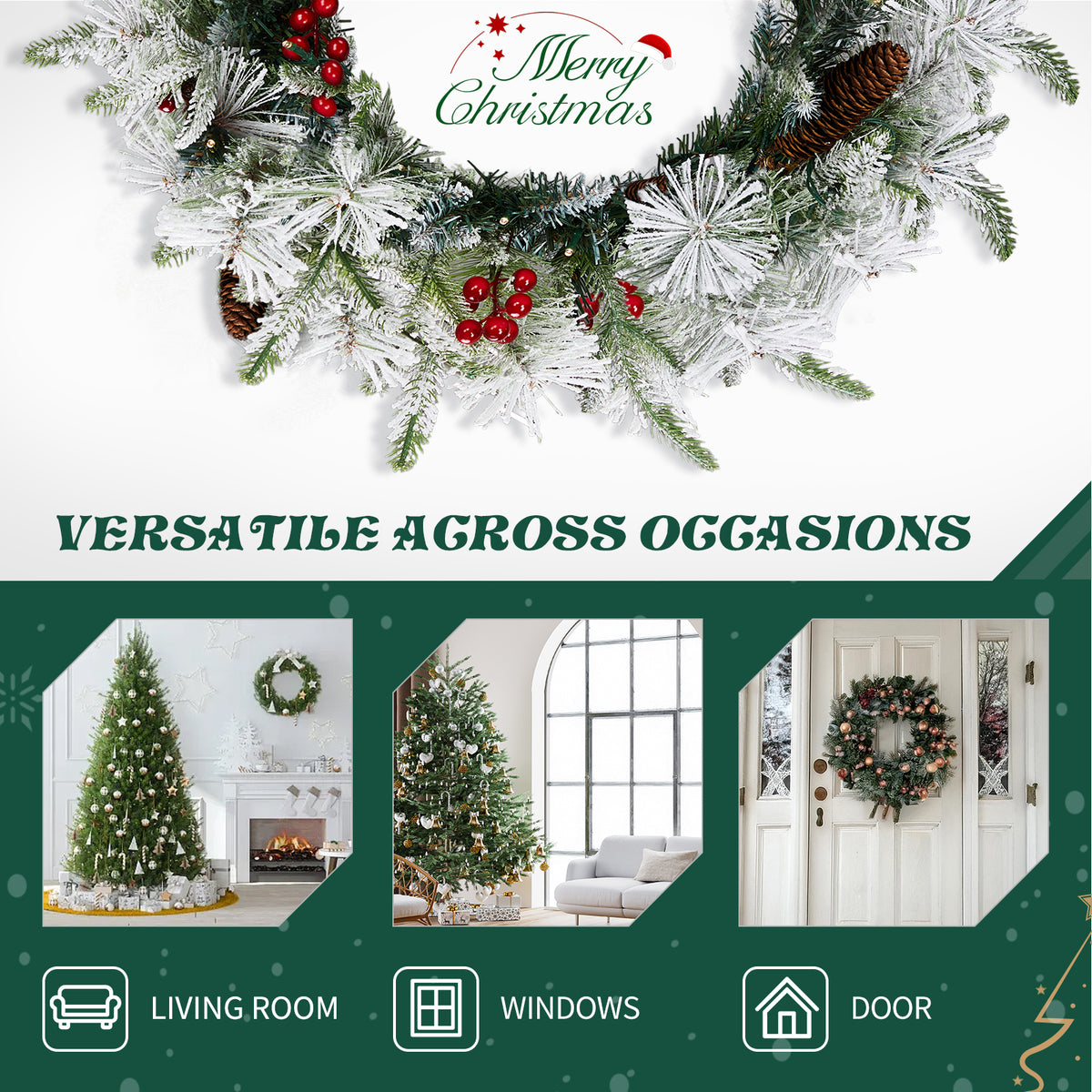 2Pcs 18" Lighted Christmas Wreaths, Snow Flocked PVC PE Wreath with Pinecones Red Berries, 60 Warm White Lights Battery Box 8 Modes
