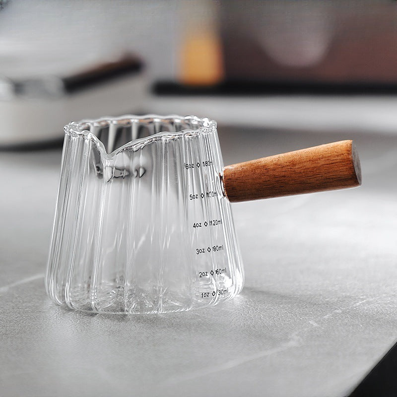 6 oz Glass Measuring Pitcher with Wooden Handle, Clear Espresso Coffee Server with Pour Spout and Measurement Marks