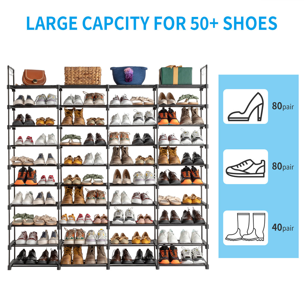 AEELLEEA- 10 Tiers Shoe Rack Organizer, Holds Up to 80 Pairs of Shoes, Metal Frame Shoe Storage Shelf with Hooks