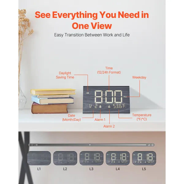 LED Mirror Digital Alarm Clock, 6.5 Inch Large Display, Snooze & Dimmable Brightness, Bedside Desk Clock with Temperature Humidity for Bedroom