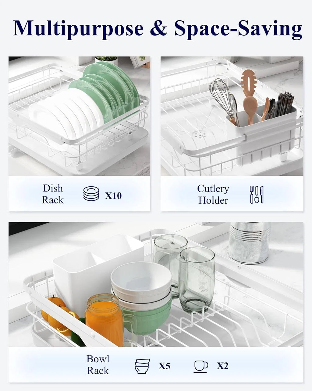 Stainless Steel Dish Drying Rack for Kitchen Counter, Sink Storage Organizer with Cutlery Holder, Space-Saving Kitchen Essentials