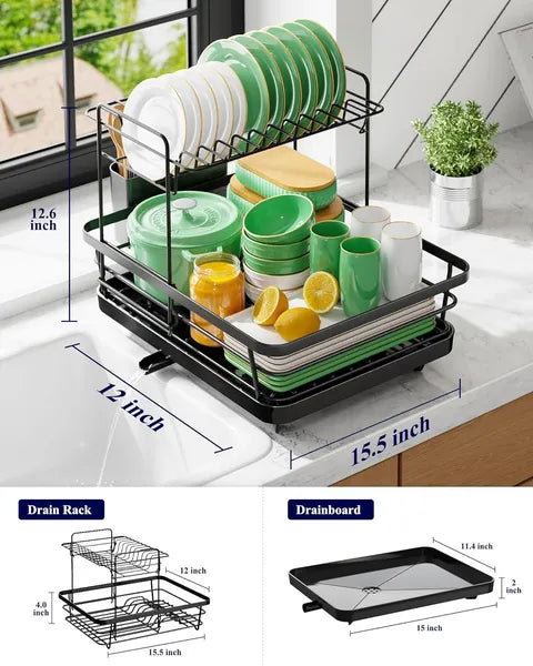 2-Tier Stainless Steel Dish Drying Rack, 12"W x15.5"L Countertop Dish Rack with Cutlery Holder, Kitchen Storage Organizer