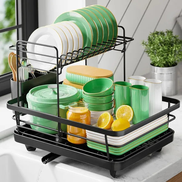 2-Tier Stainless Steel Dish Drying Rack, 12"W x15.5"L Countertop Dish Rack with Cutlery Holder, Kitchen Storage Organizer