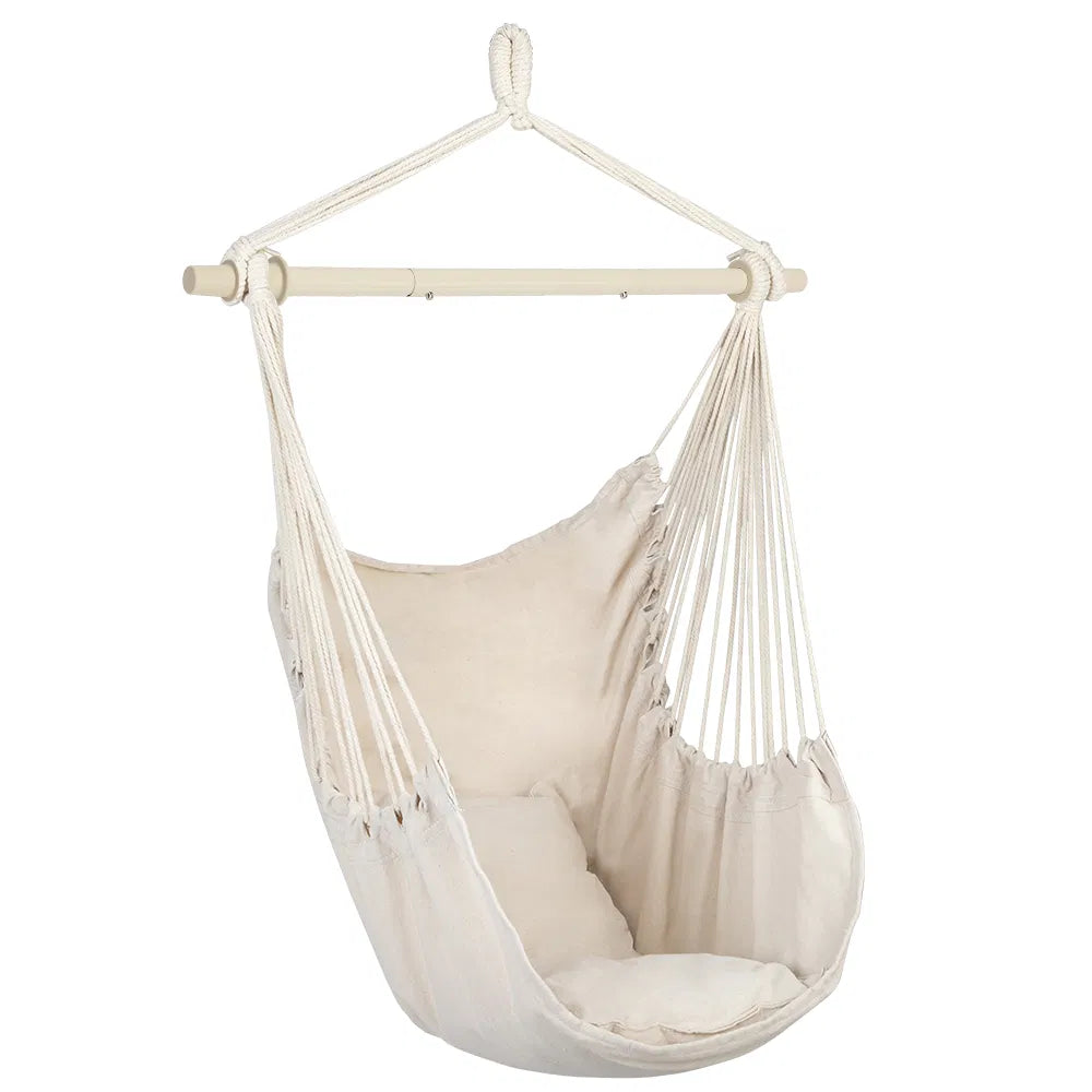 Hanging Rope Chair with 2 Pillows, Cotton-Blend Canvas Hammock Swing Chair, 198 lb Capacity, Beige