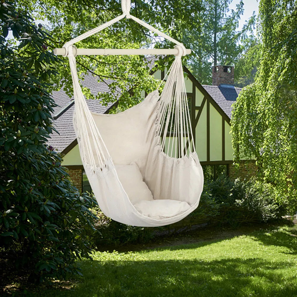 Hanging Rope Chair with 2 Pillows, Cotton-Blend Canvas Hammock Swing Chair, 198 lb Capacity, Beige