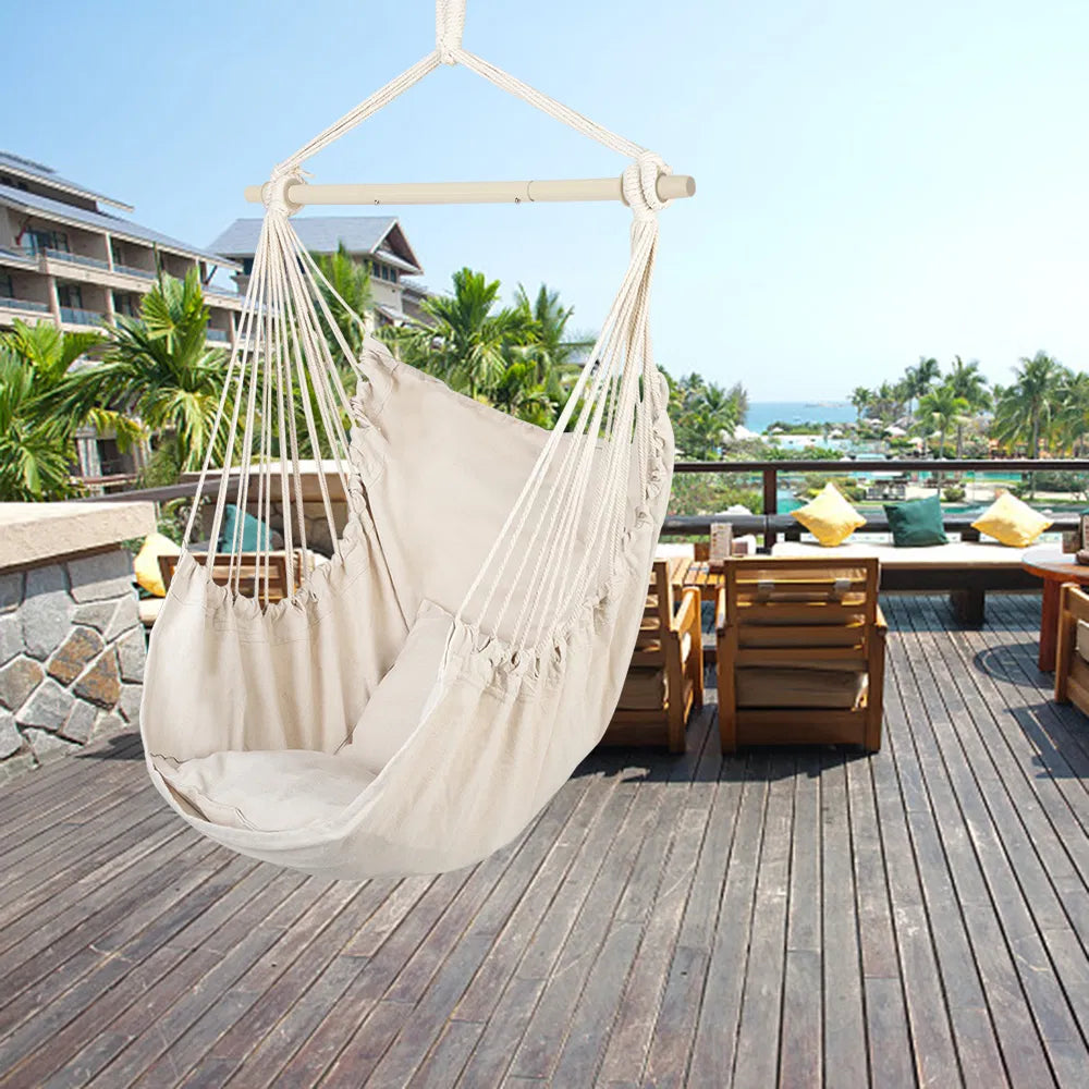 Hanging Rope Chair with 2 Pillows, Cotton-Blend Canvas Hammock Swing Chair, 198 lb Capacity, Beige