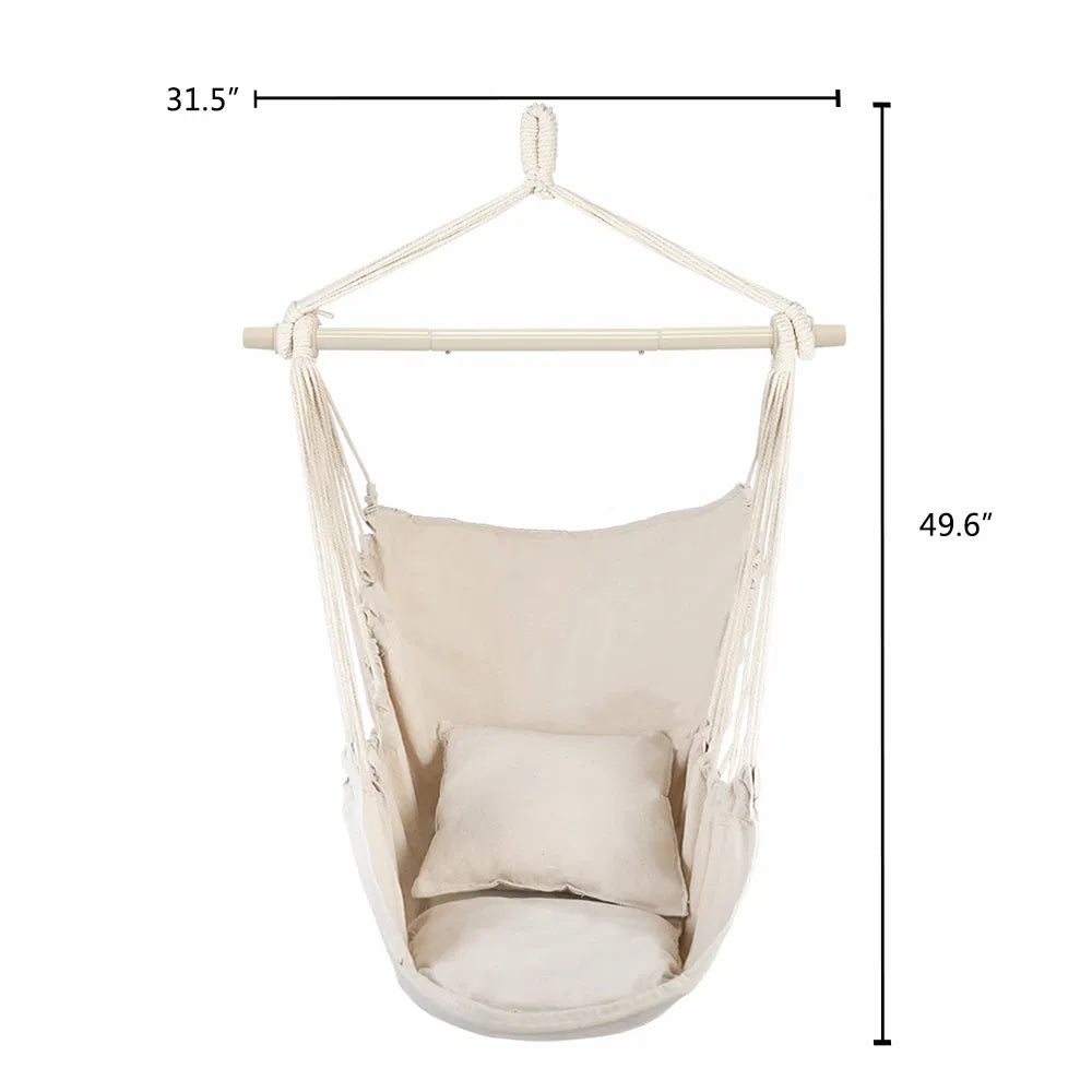 Hanging Rope Chair with 2 Pillows, Cotton-Blend Canvas Hammock Swing Chair, 198 lb Capacity, Beige