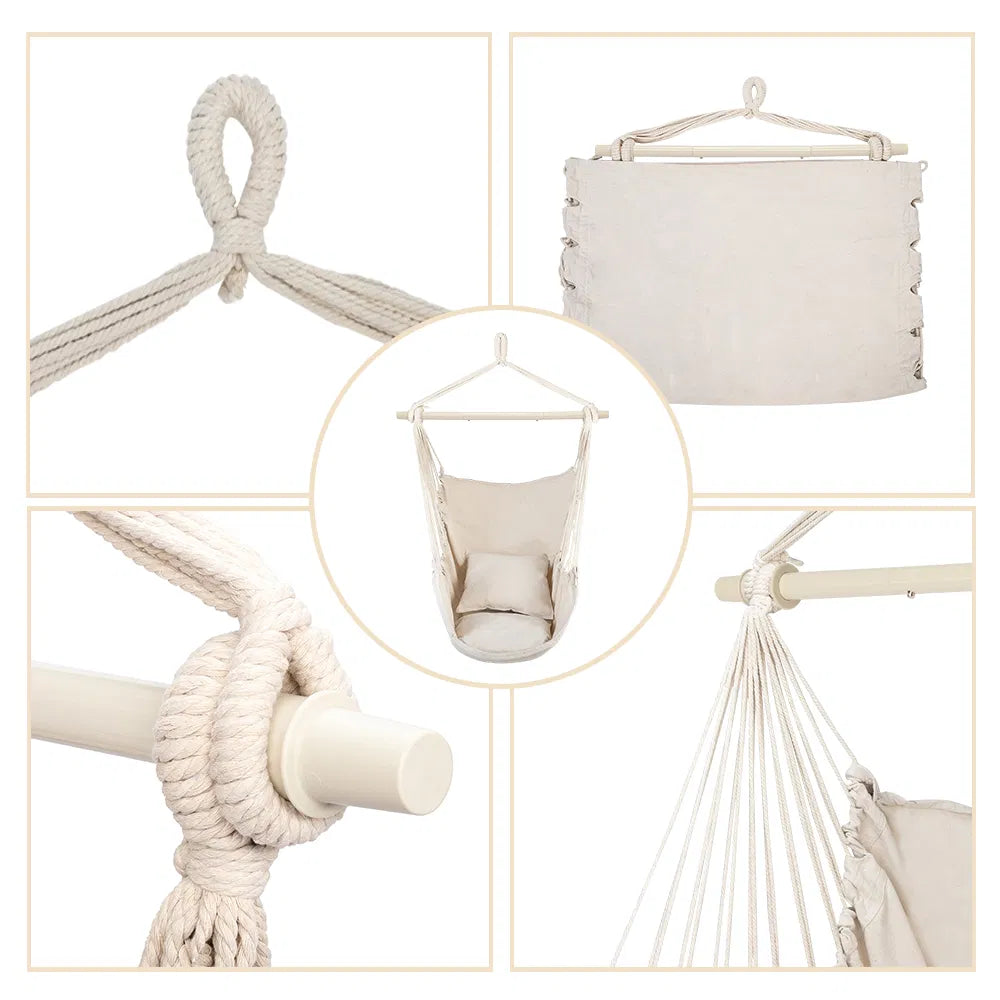 Hanging Rope Chair with 2 Pillows, Cotton-Blend Canvas Hammock Swing Chair, 198 lb Capacity, Beige