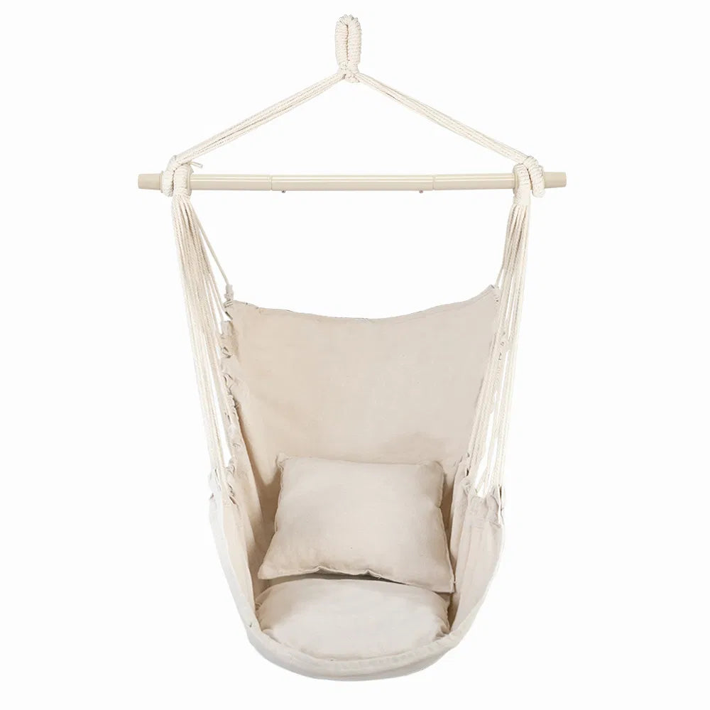Hanging Rope Chair with 2 Pillows, Cotton-Blend Canvas Hammock Swing Chair, 198 lb Capacity, Beige