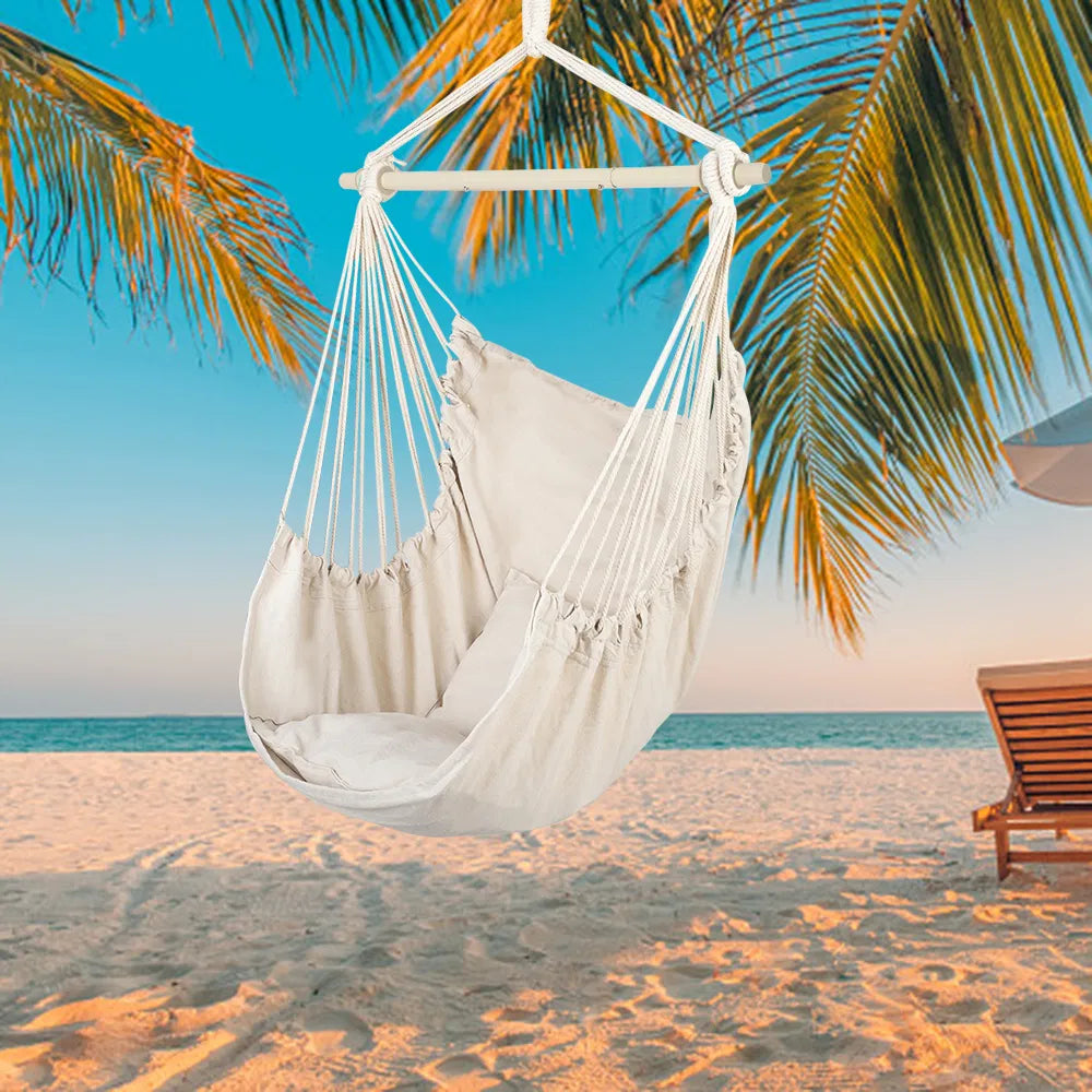 Hanging Rope Chair with 2 Pillows, Cotton-Blend Canvas Hammock Swing Chair, 198 lb Capacity, Beige