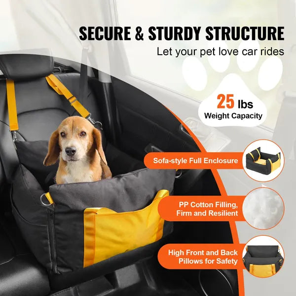 Black Waterproof Dog Car Booster Seat for Small Dogs Up to 25lbs, Pet Elevated Seat with Safety Tether, Side Handle & Storage Pocket