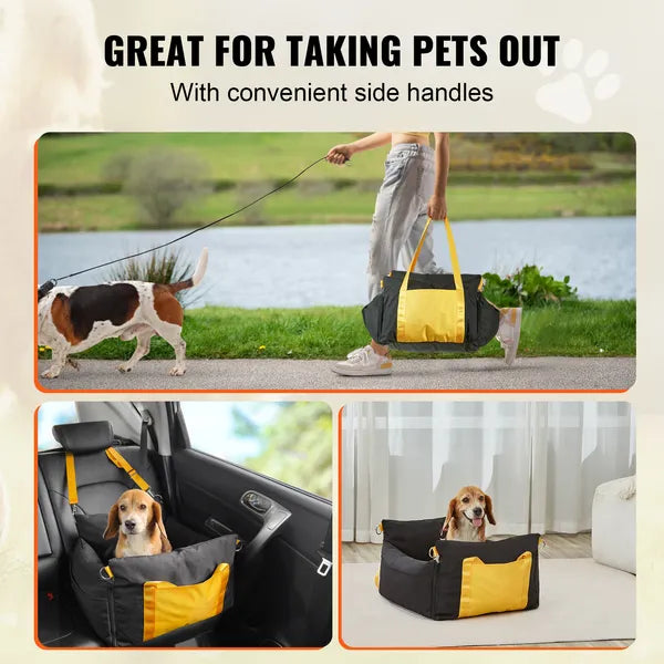 Black Waterproof Dog Car Booster Seat for Small Dogs Up to 25lbs, Pet Elevated Seat with Safety Tether, Side Handle & Storage Pocket