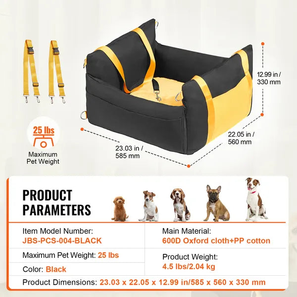 Black Waterproof Dog Car Booster Seat for Small Dogs Up to 25lbs, Pet Elevated Seat with Safety Tether, Side Handle & Storage Pocket