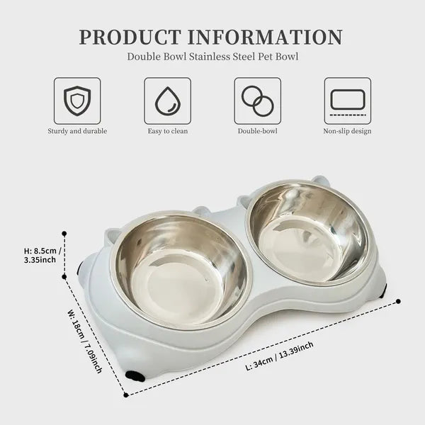 Non‑Slip Double Cat Dog Bowl, Detachable Stainless Steel Food Water Feeder Bowl Set Easy to Clean