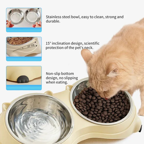 Non‑Slip Double Cat Dog Bowl, Detachable Stainless Steel Food Water Feeder Bowl Set Easy to Clean