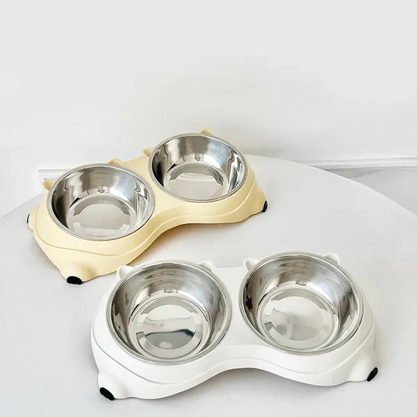 Non‑Slip Double Cat Dog Bowl, Detachable Stainless Steel Food Water Feeder Bowl Set Easy to Clean